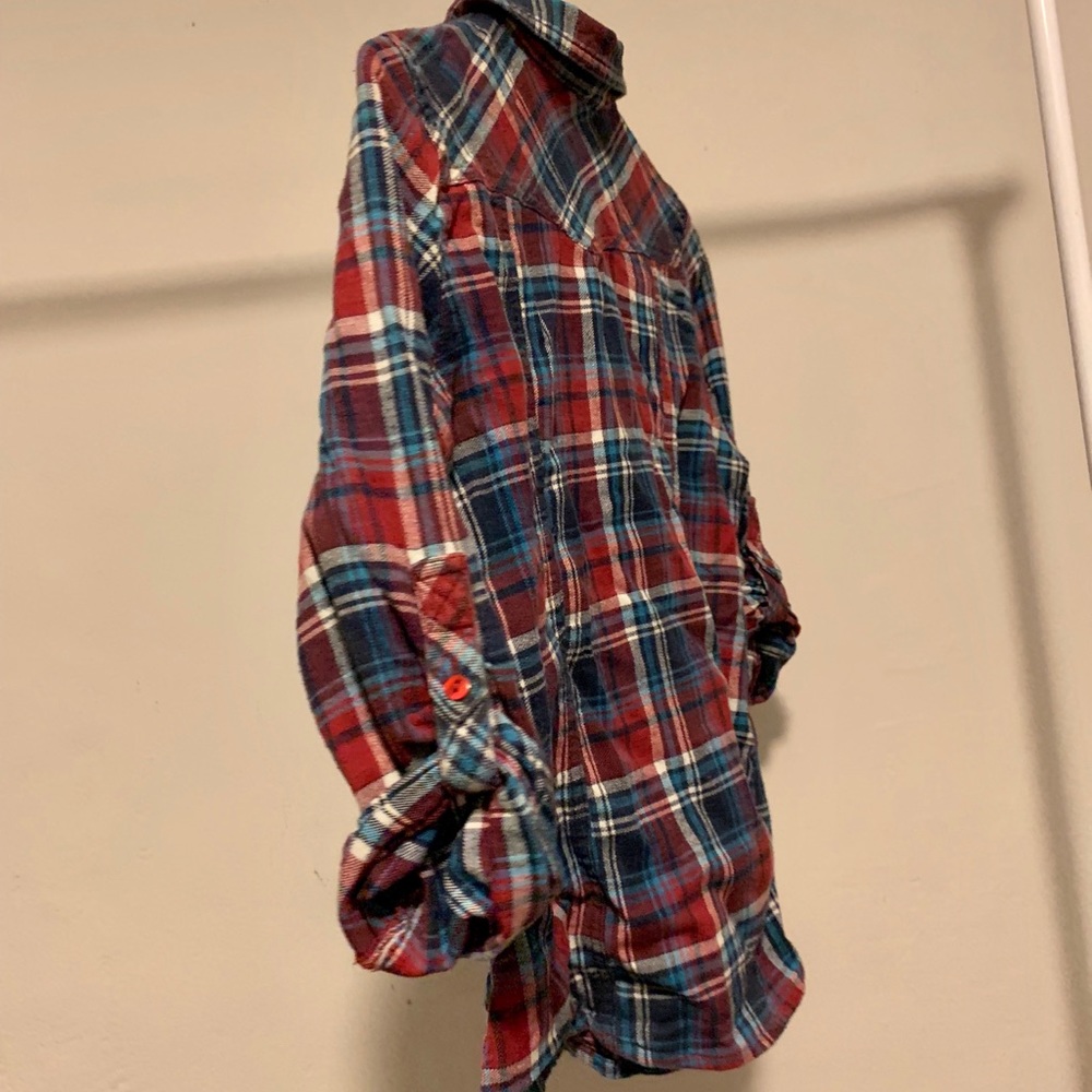 Red and blue plaid, 3 quarter roll sleeve top